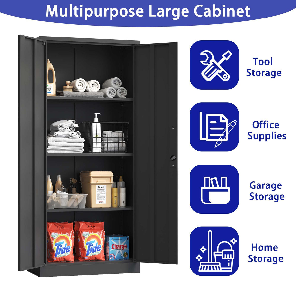 Heavy Metal Garage Storage Cabinet with Locking Doors - Black or White