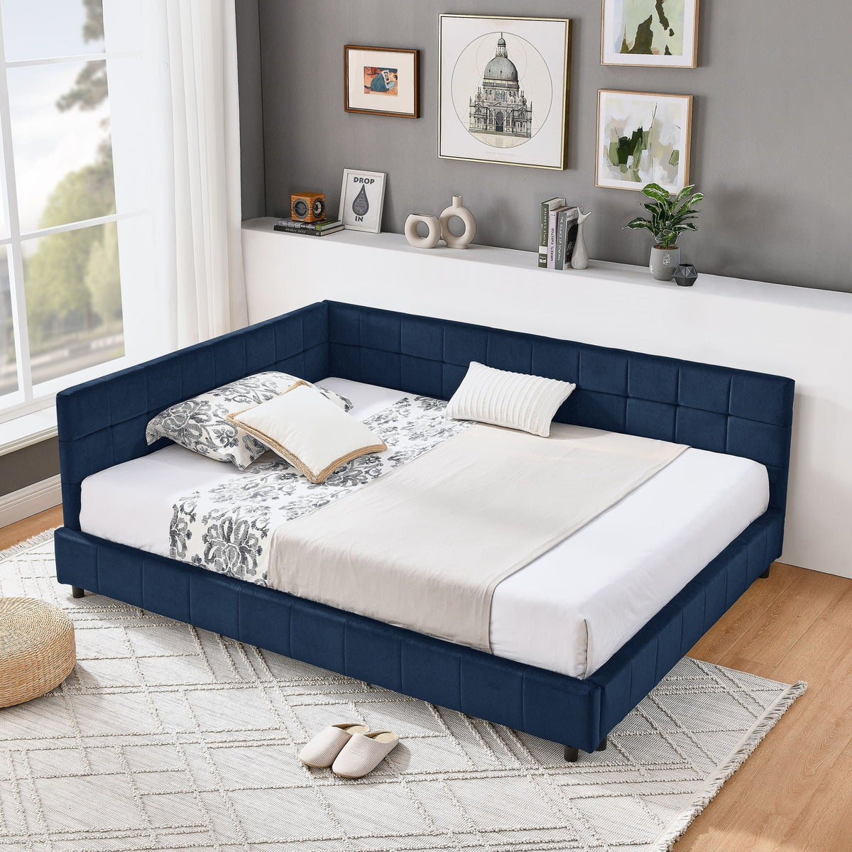 Mid-Century Storage Upholstered Tufted Bed Frame with Backrest and Armrests - Multiple Colors