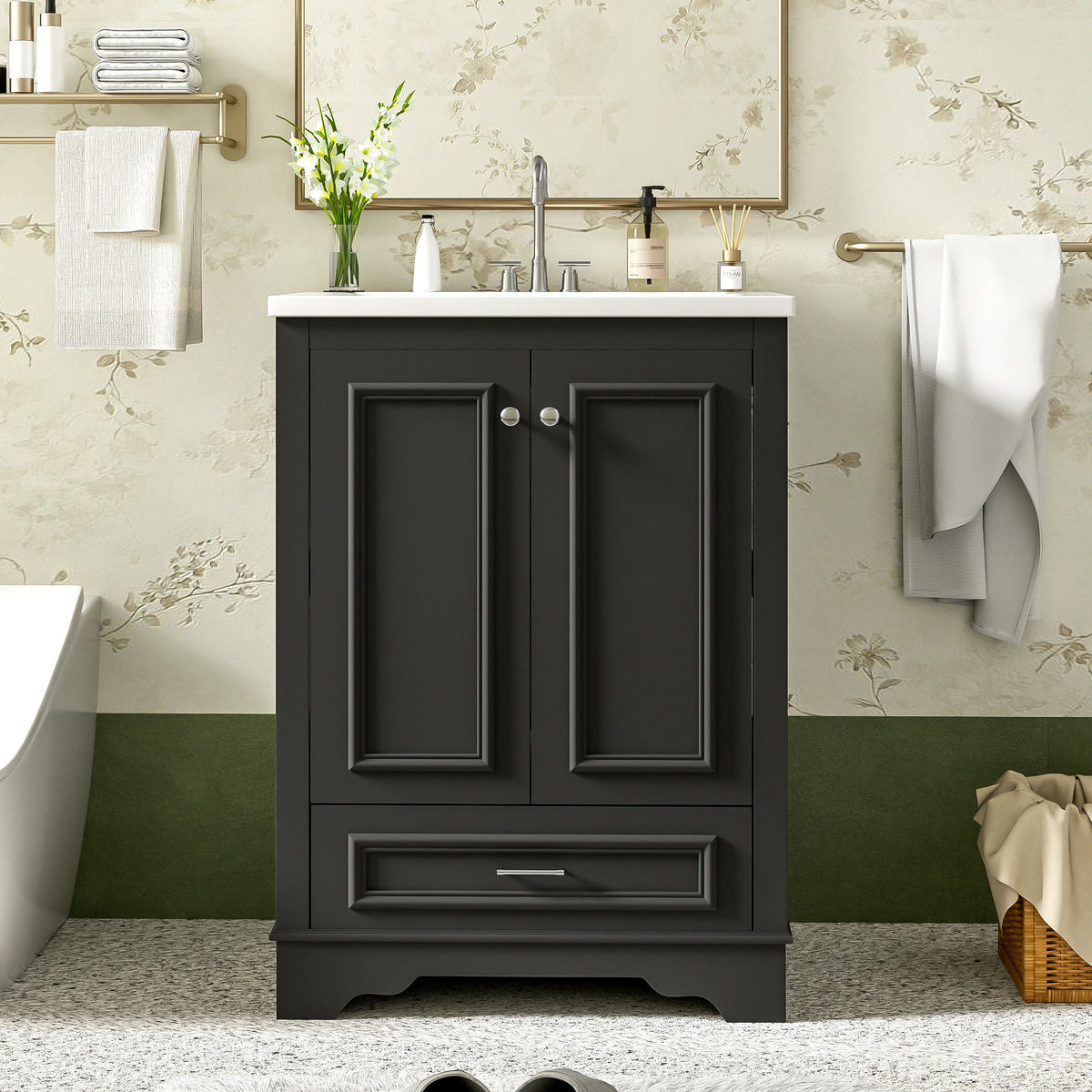 Modern Bathroom Vanity with Ceramic Sink Combo and Storage Cabinet - Multiple Colors