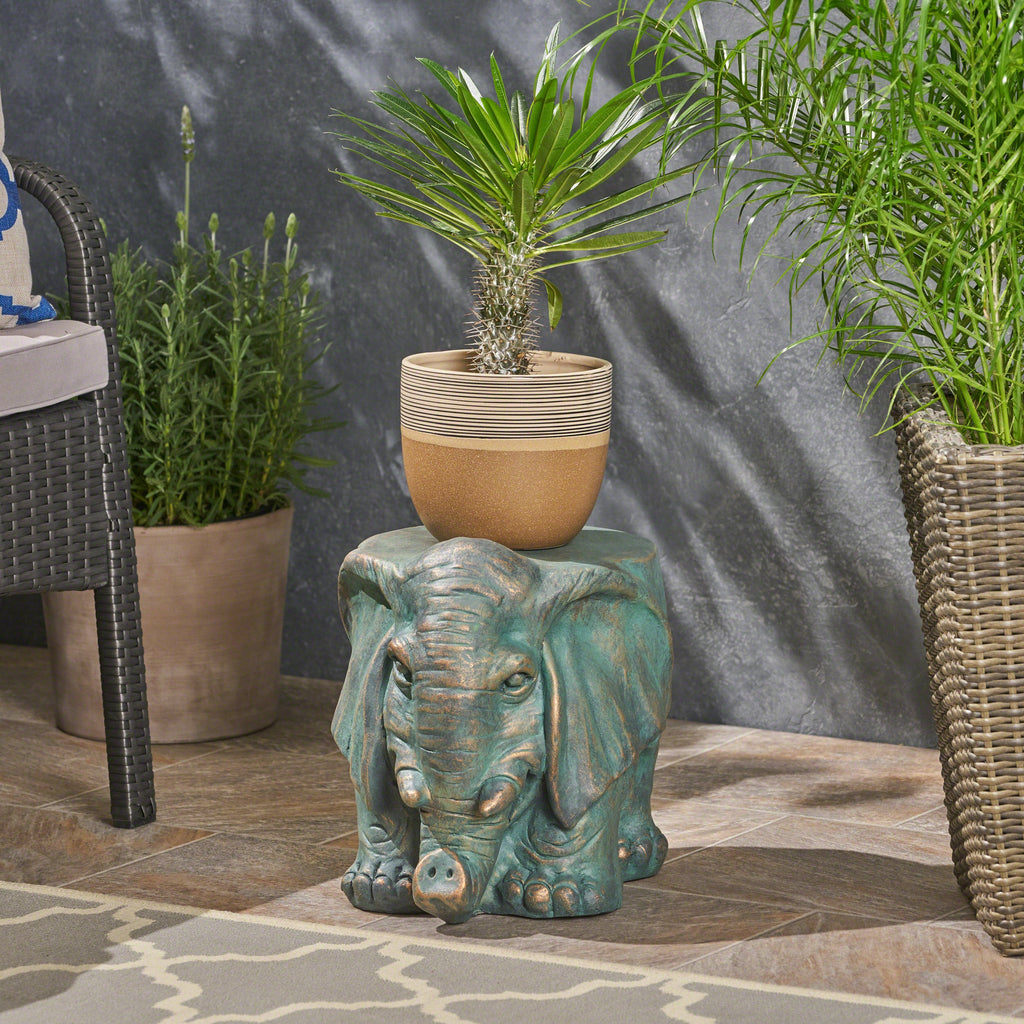 Elephant Garden Stool with Distressed Copper Patina Finish - Outdoor Accent Table