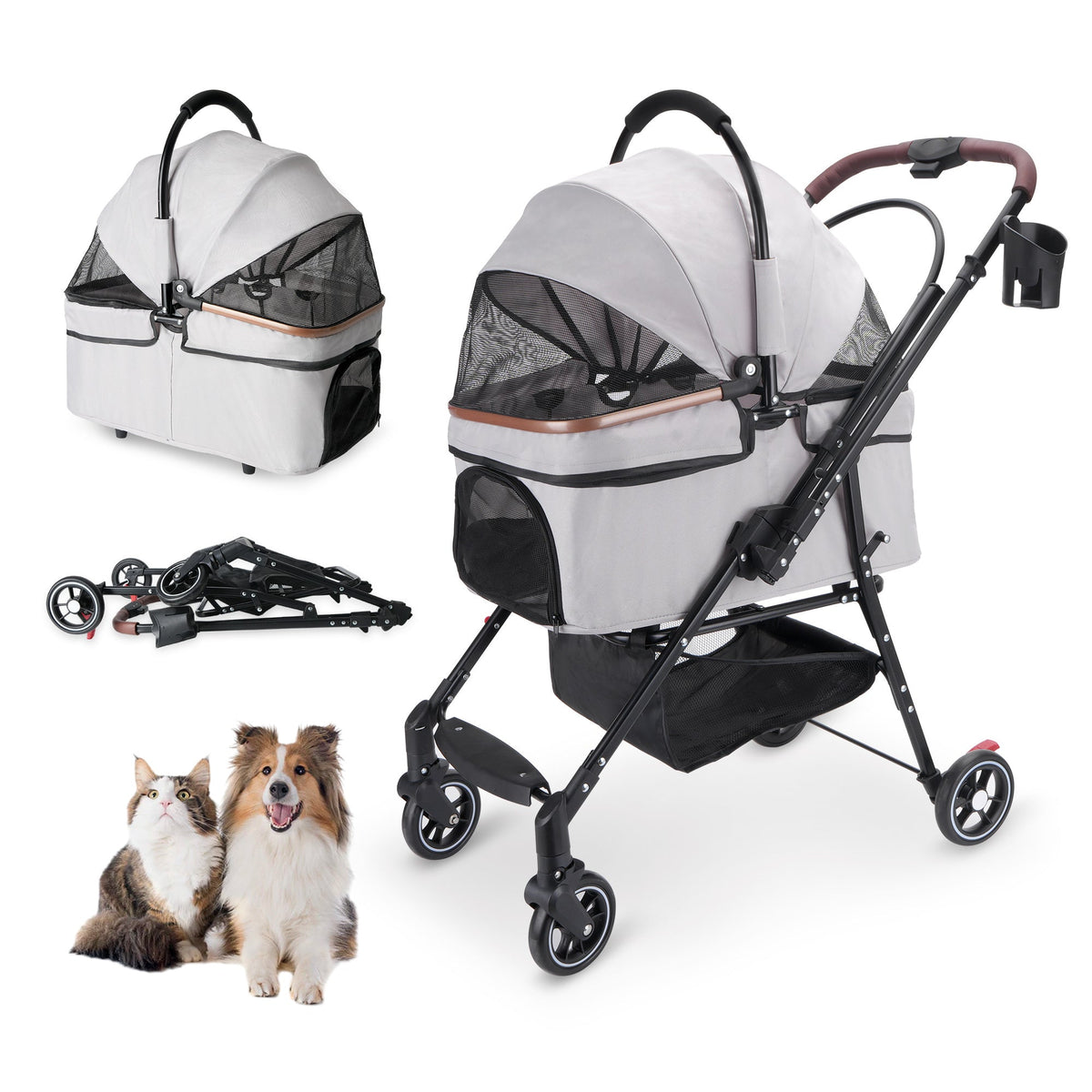 Foldable 4-Wheel Pet Stroller with Adjustable Canopy - Grey