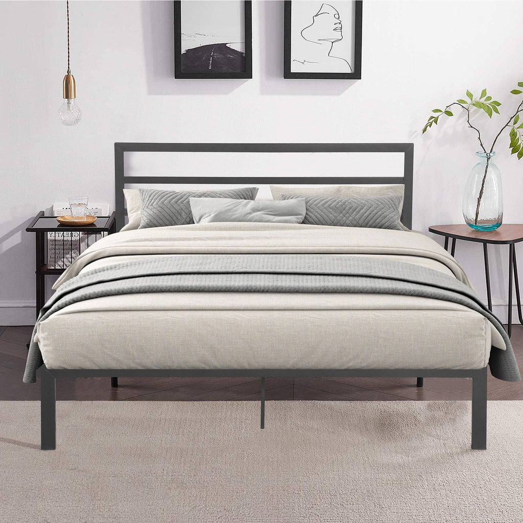 Queen Metal Bed Frame With Headboard - Durable Steel Platform - Dark Gray