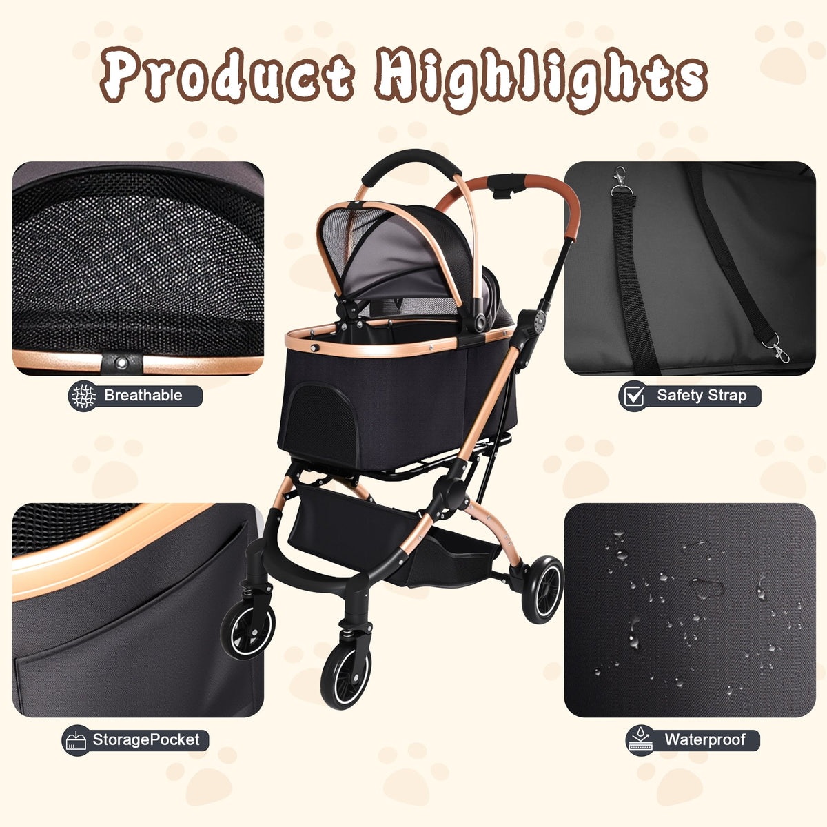 2-in-1 Foldable Pet Stroller with Detachable Carrier and Sun Canopy - Gray