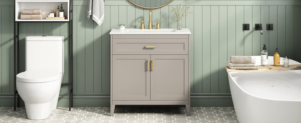 30" Bathroom Vanity with Ceramic Sink Top and Solid Wood Legs - Beige or Wood