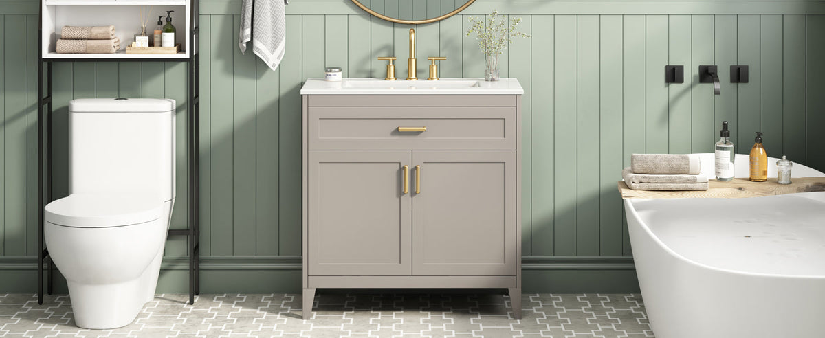 30" Bathroom Vanity with Ceramic Sink Top and Solid Wood Legs - Beige or Wood