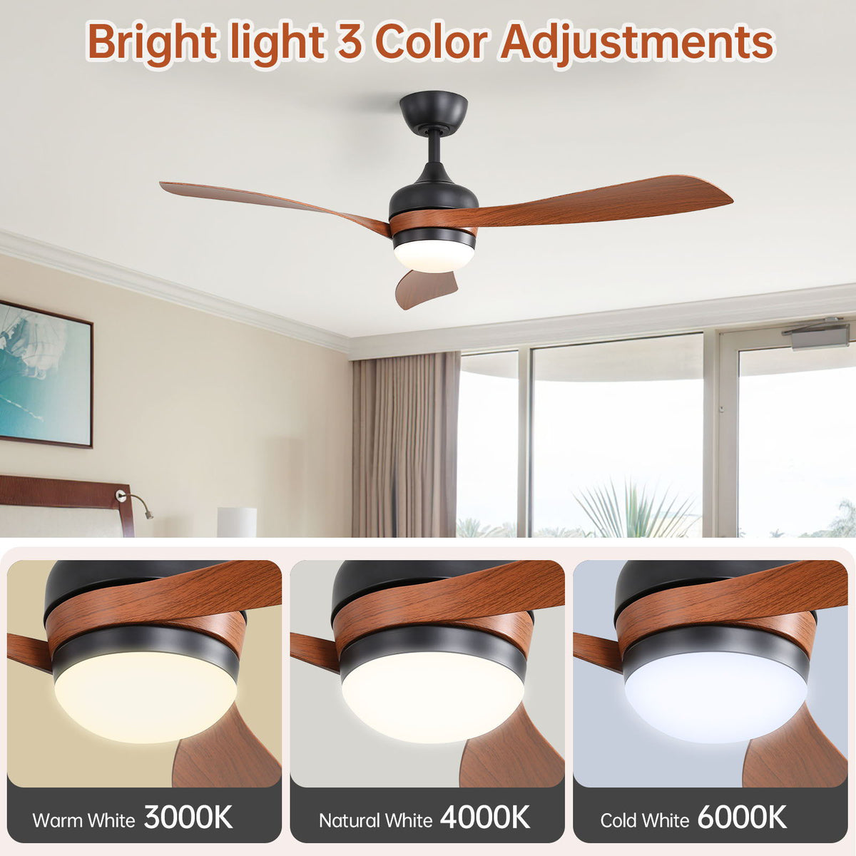 Ceiling Fan with Reversible DC Motor and Remote Control - White or Dark Brown