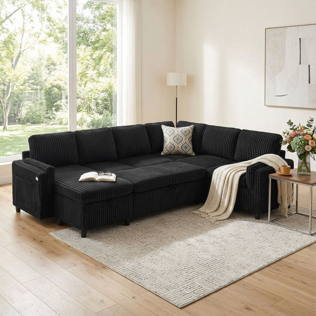 Convertible U-Shaped Sectional Sofa Bed with USB Ports and Storage – Black, Dark Gray, Blue
