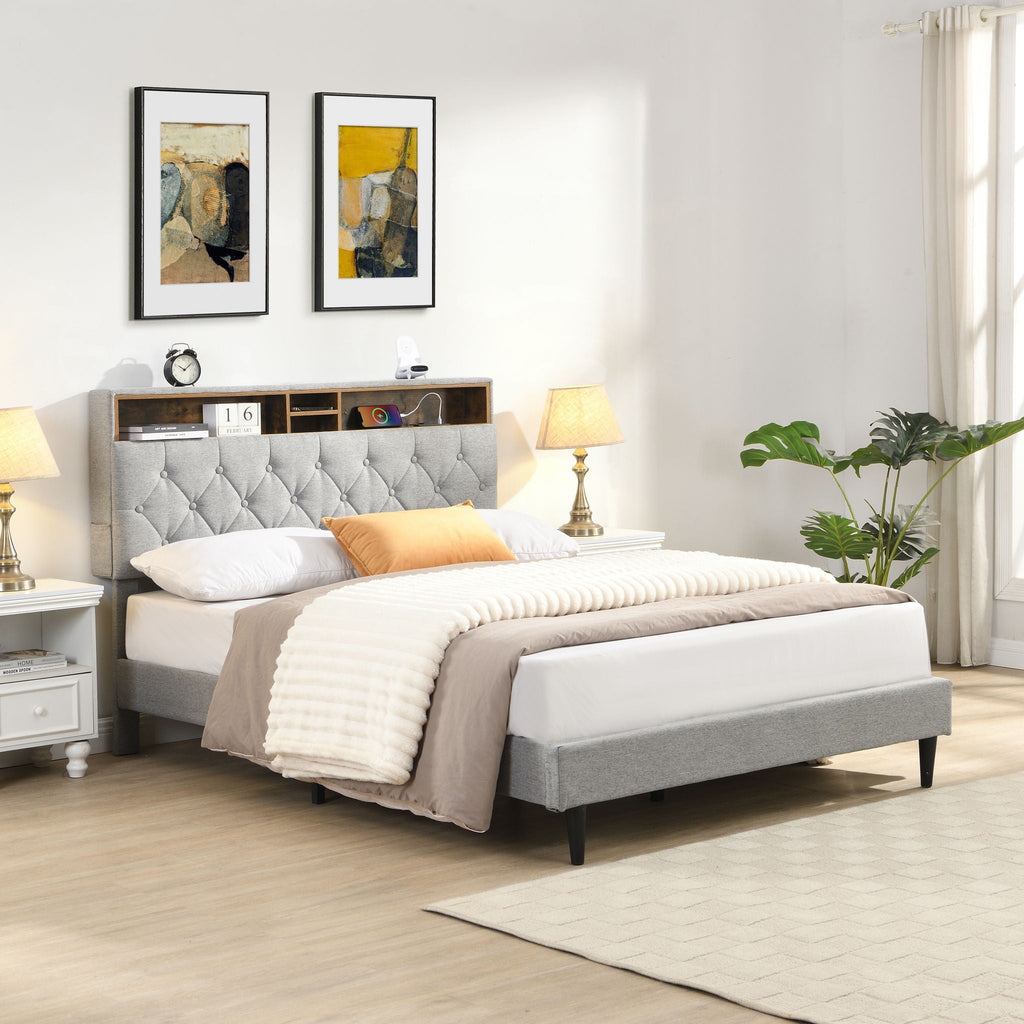 Modern Upholstered Platform Bed Frame with USB Ports - Gray or Dark Gray