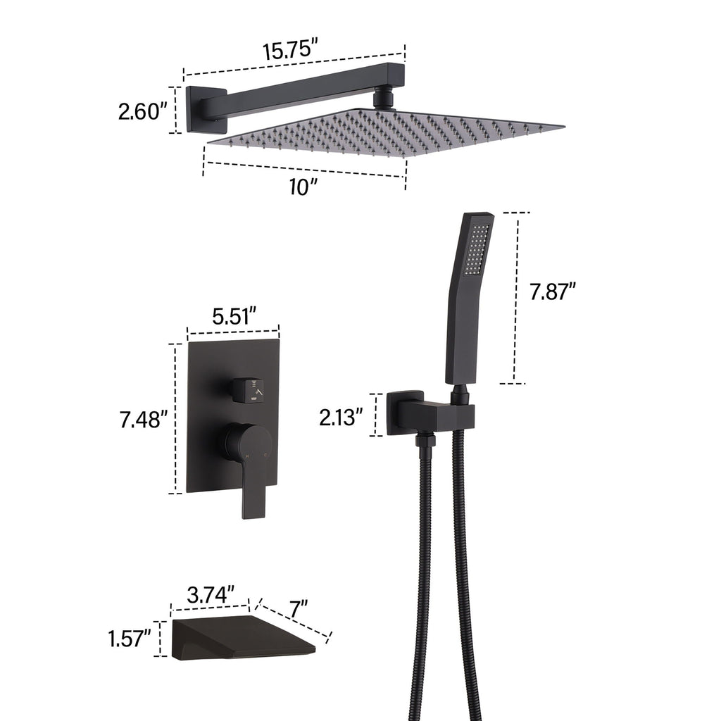 Modern 10" Wall Mounted Rainfall Shower Head System with Handheld Shower - Gold or Black
