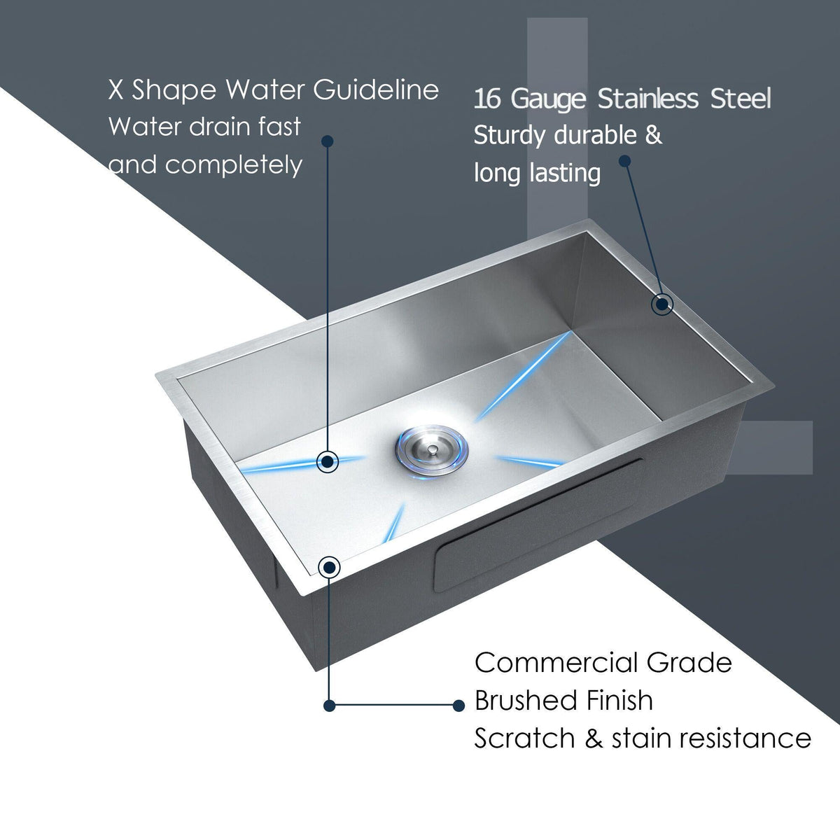 Undermount Stainless Steel Kitchen Sink with Deep Single Bowl - Gray