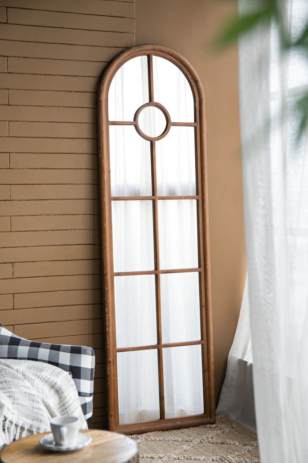 Half Round Elongated Mirror with Decorative Window Look - Brown