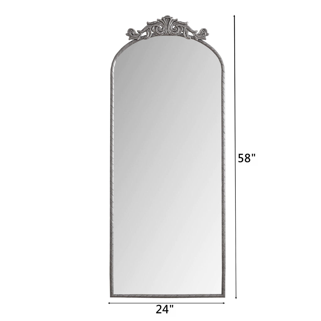 Vintage Arched Full Body Mirror with Carved Applique - Bronze or Pearl Silver