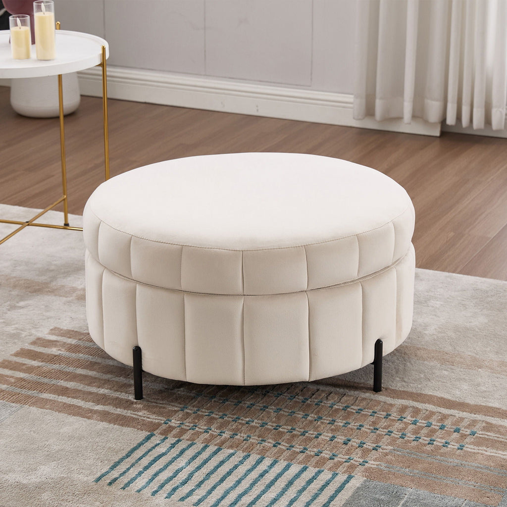 Upholstered Storage Ottoman with Reversible Lid - Channel Tufted Pumpkin Shape
