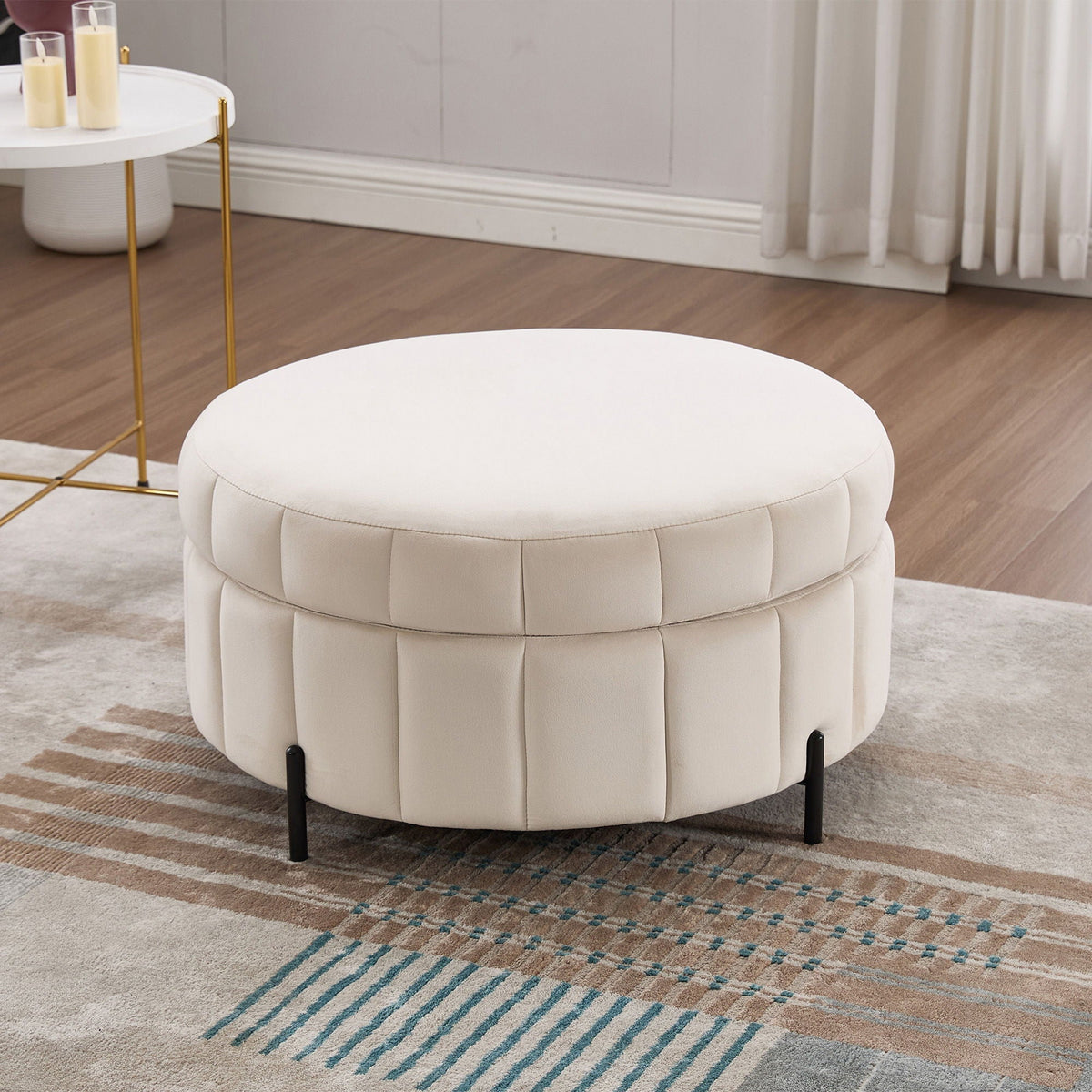 Upholstered Storage Ottoman with Reversible Lid - Channel Tufted Pumpkin Shape