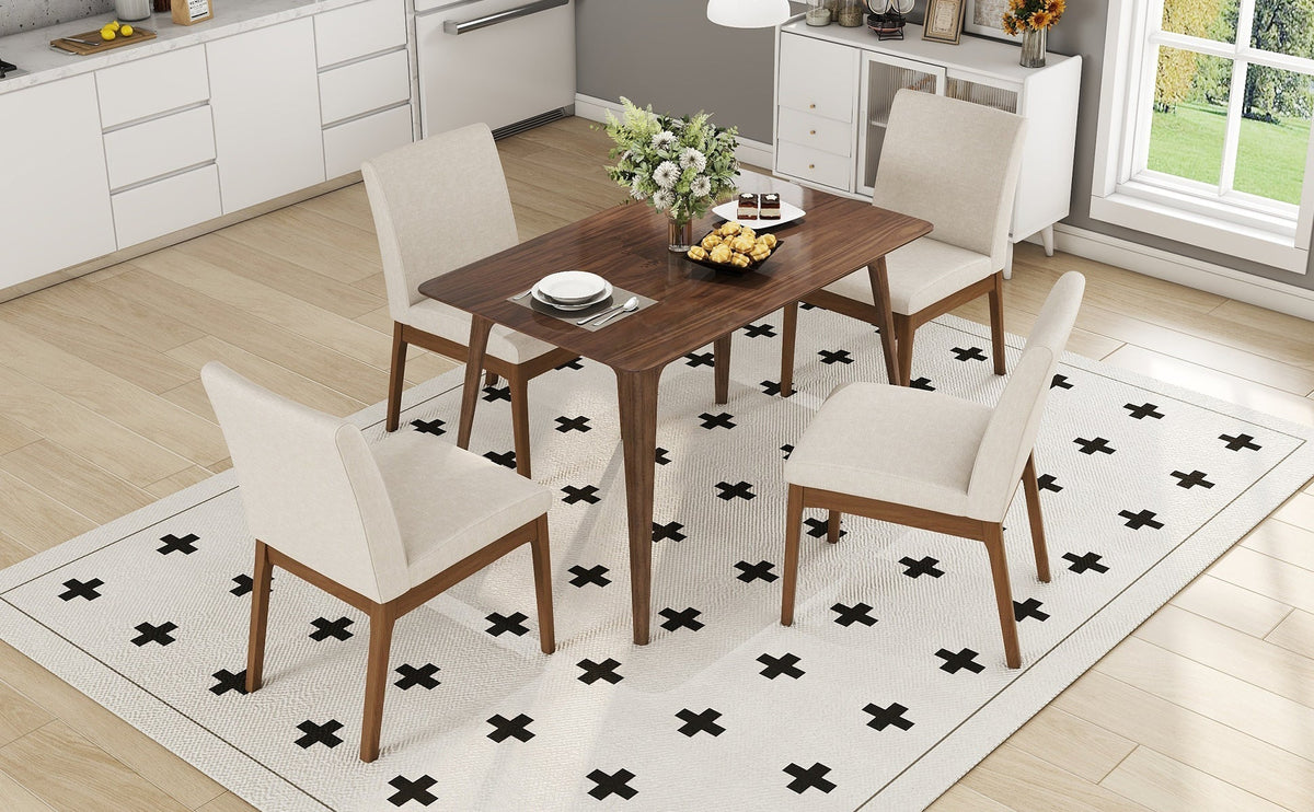5-Piece Dining Table Set with Upholstered Chairs - Light Beige/Walnut
