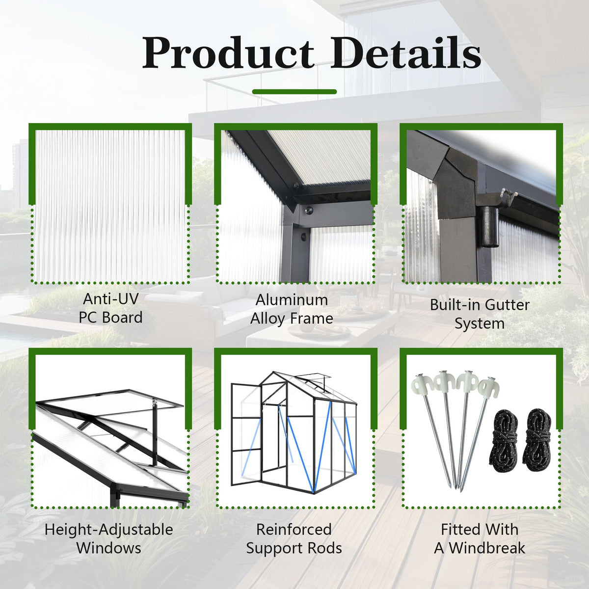 Windproof Greenhouse with Raised Base - Polycarbonate Panels - Black