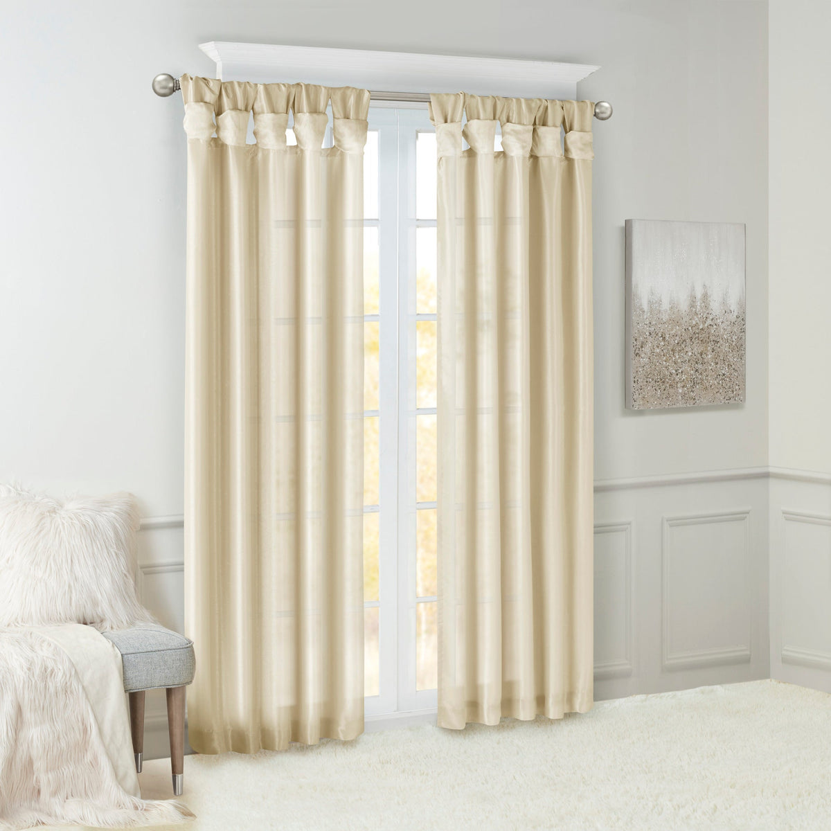 Champagne Twist Tab Lined Window Curtain Panel with Faux Silk Finish - 50" x 95"