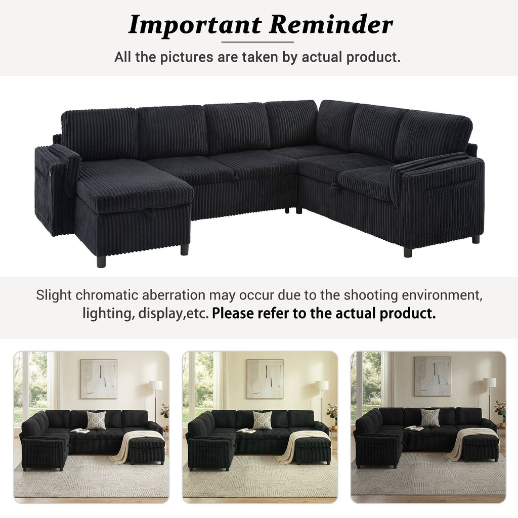 Convertible U-Shaped Sectional Sofa Bed with USB Ports and Storage – Black, Dark Gray, Blue