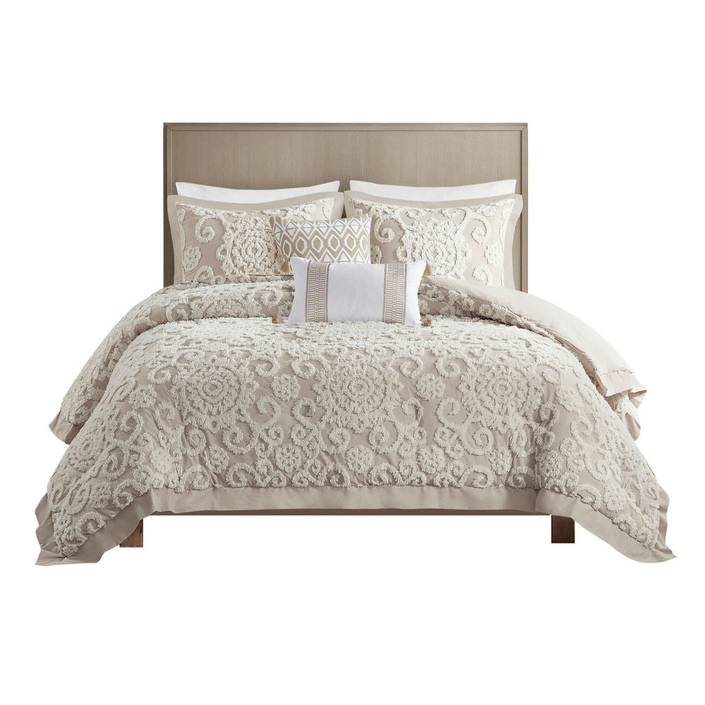 Taupe Cotton Comforter Mini Set with Tufted Chenille Embroidery - King