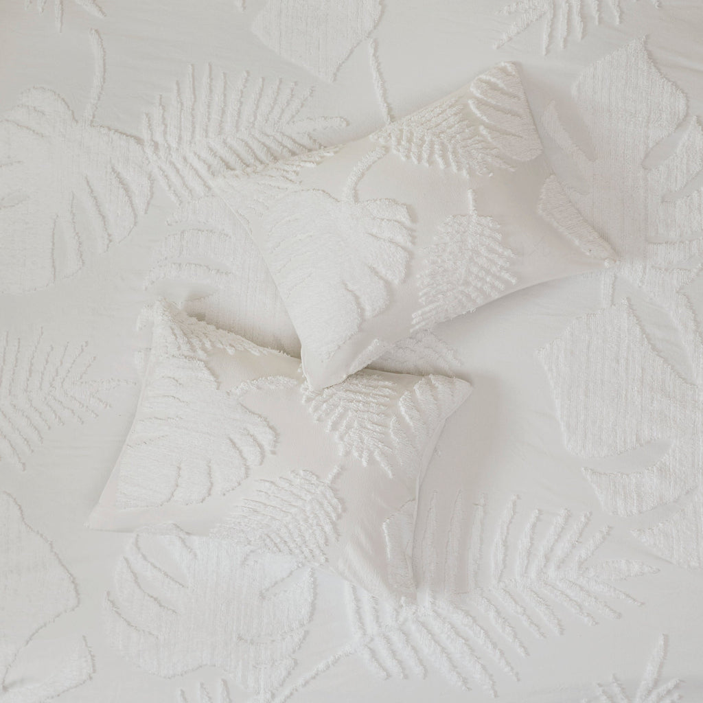 Off-White Tufted Cotton Chenille Palm Comforter Set with Palm Leaf Design - Full/Queen