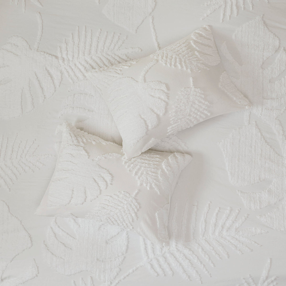 Off-White Tufted Cotton Chenille Palm Comforter Set with Palm Leaf Design - Full/Queen