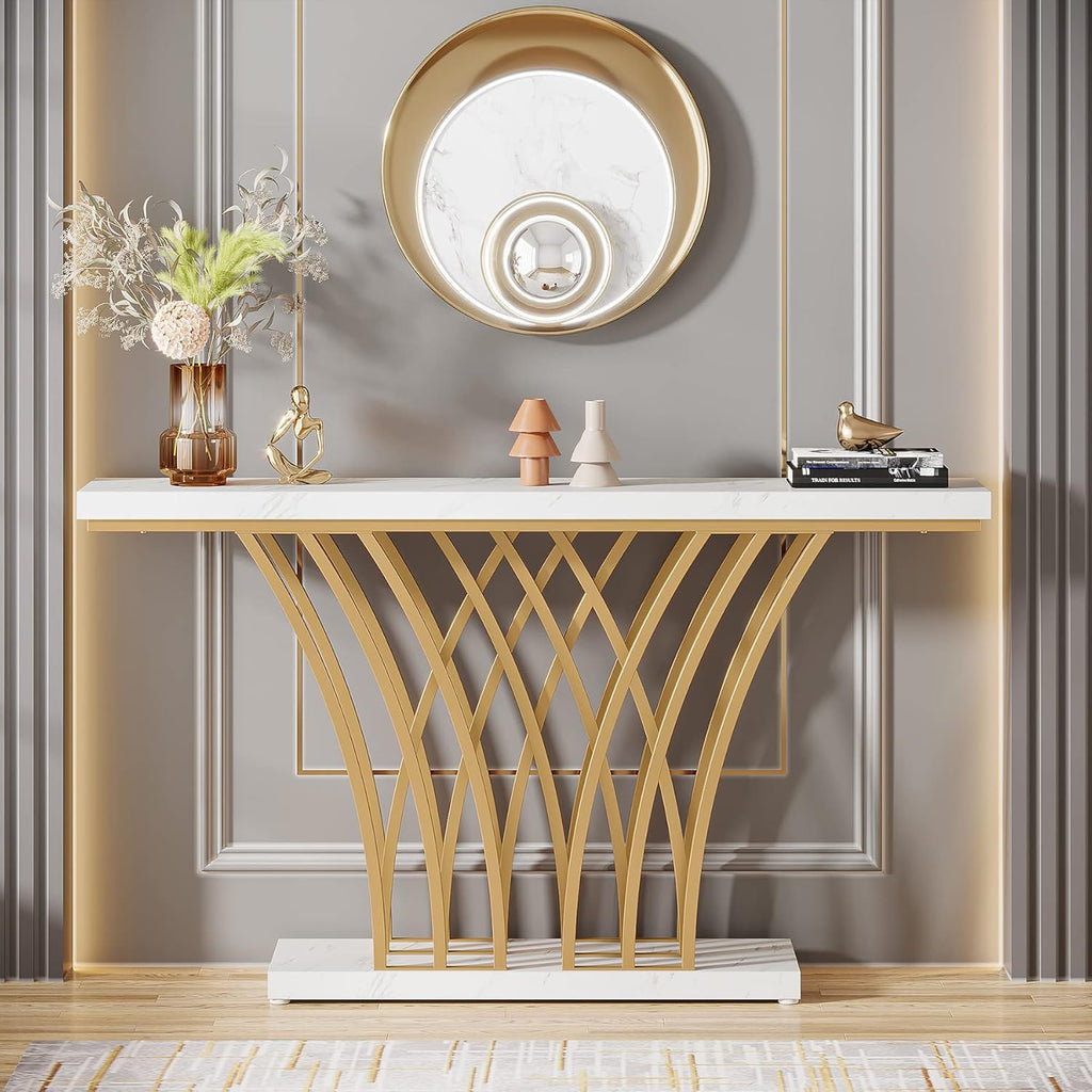 White & Gold Console Table with Grid Base - Faux Marble Top