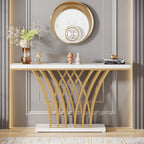 White & Gold Console Table with Grid Base - Faux Marble Top