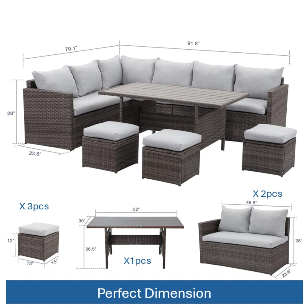 7 Piece Outdoor Dining Set with Cushions, Modular Sectional Sofa and Table - Gray or Beige