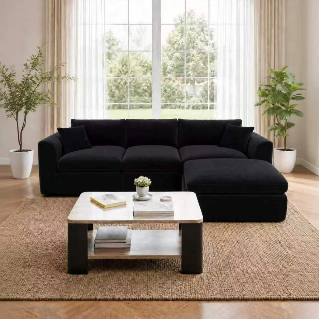 Compressed Modular Sectional Sofa with Ottoman - Black Linen