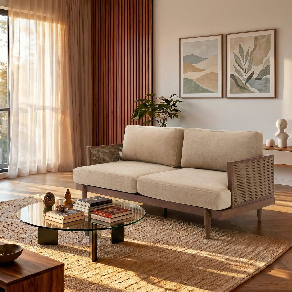 Emir 72" Square Arm 3-Seater Velvet Sofa with Cane Rattan - Camel or Light Green