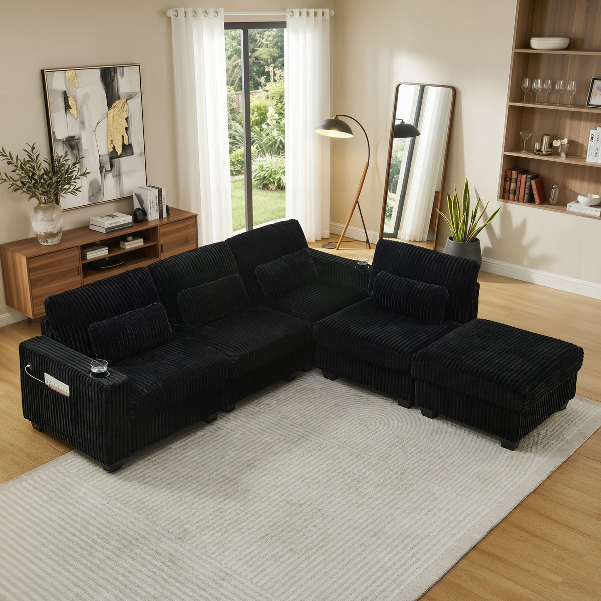 L-Shaped Corduroy Modular Sectional Sofa with Detachable Footrest - Black