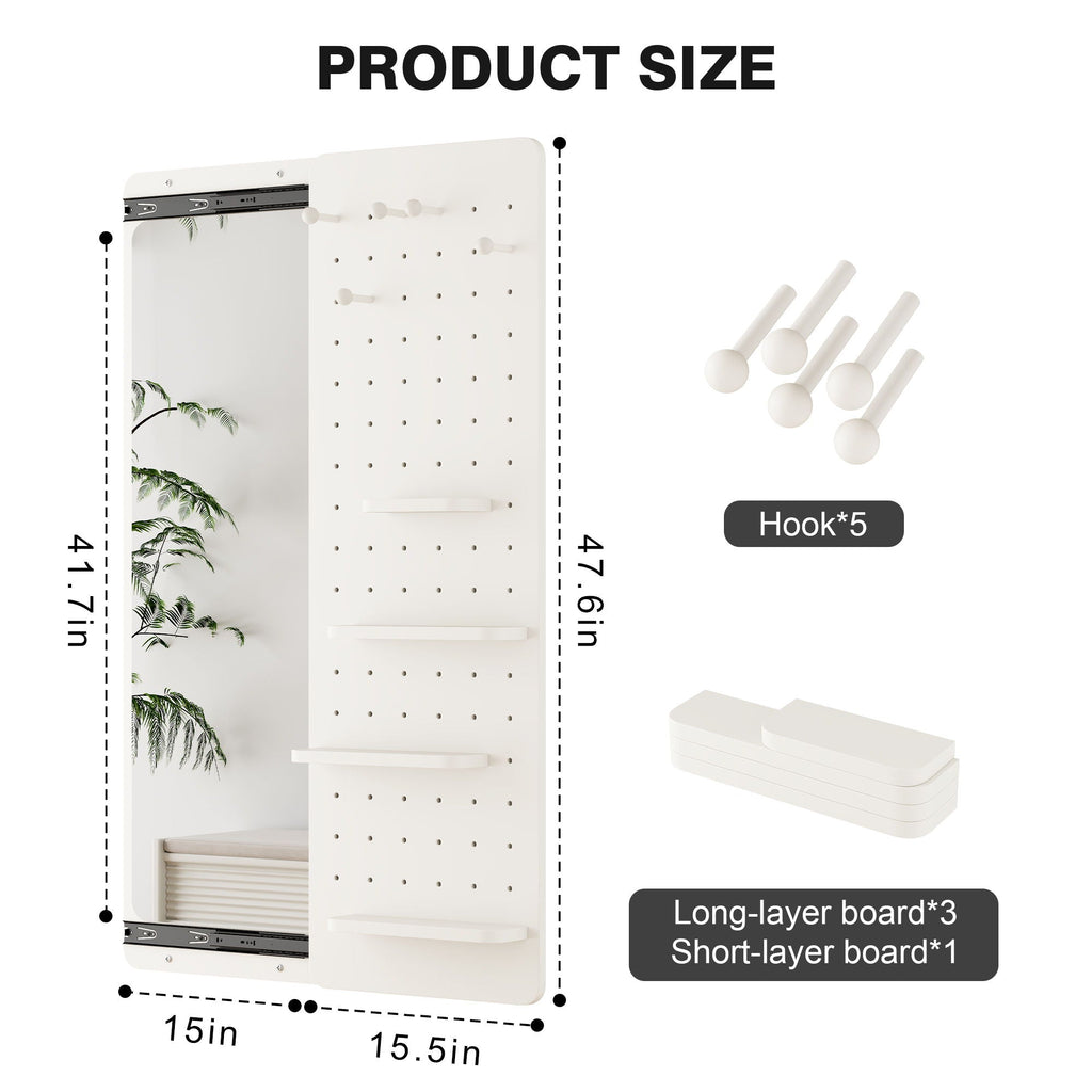 Full Length Wall Mounted Mirror with Shelf and Hook - Dark Brown, White, or Light Brown