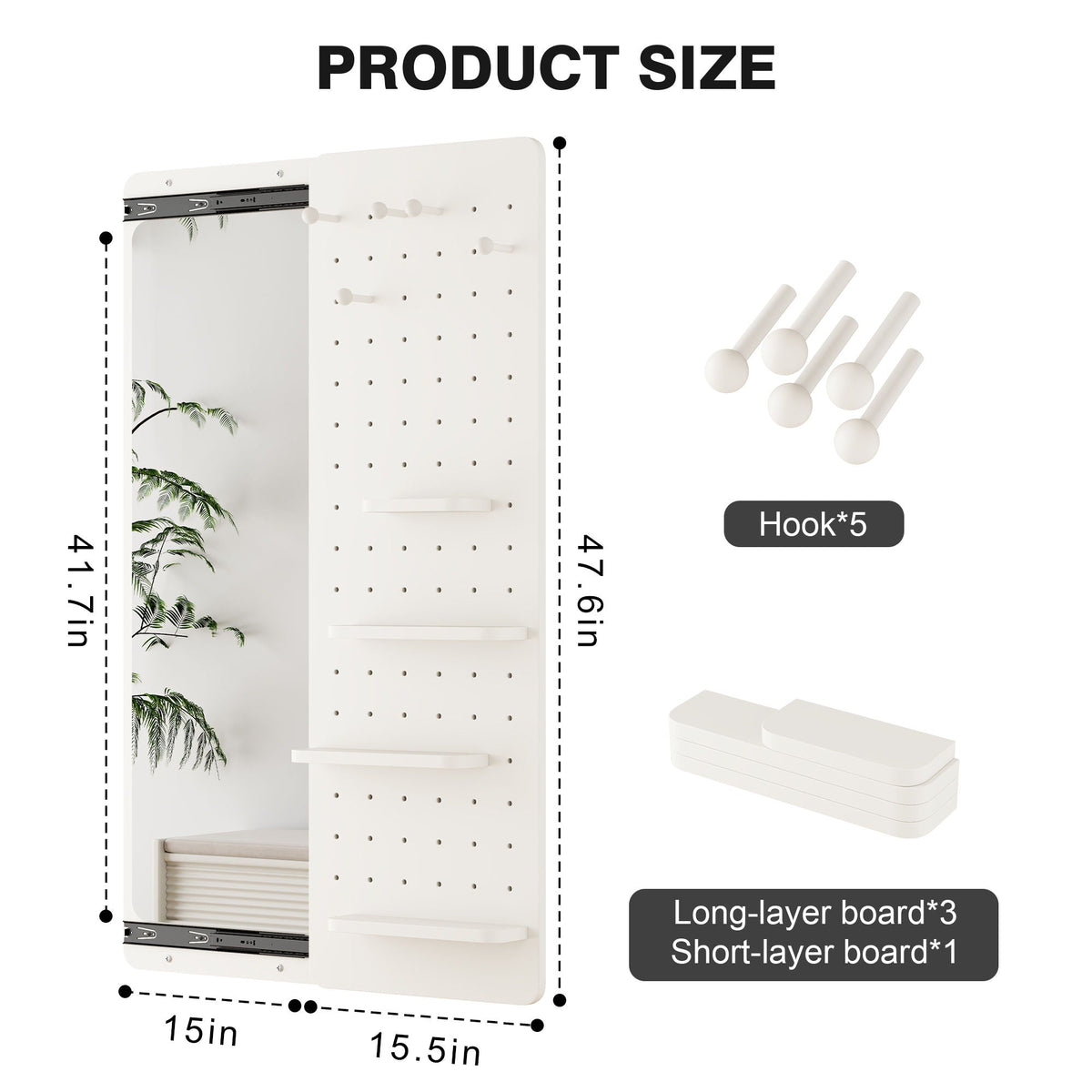 Full Length Wall Mounted Mirror with Shelf and Hook - Dark Brown, White, or Light Brown