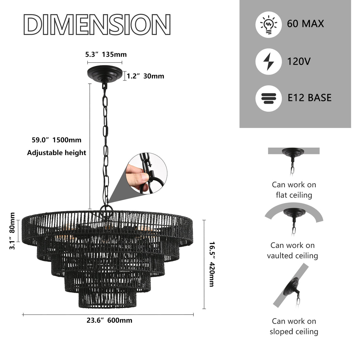 24" Rustic 5-Tier Pendant Light Chandelier with 8 E12 Sockets - Black