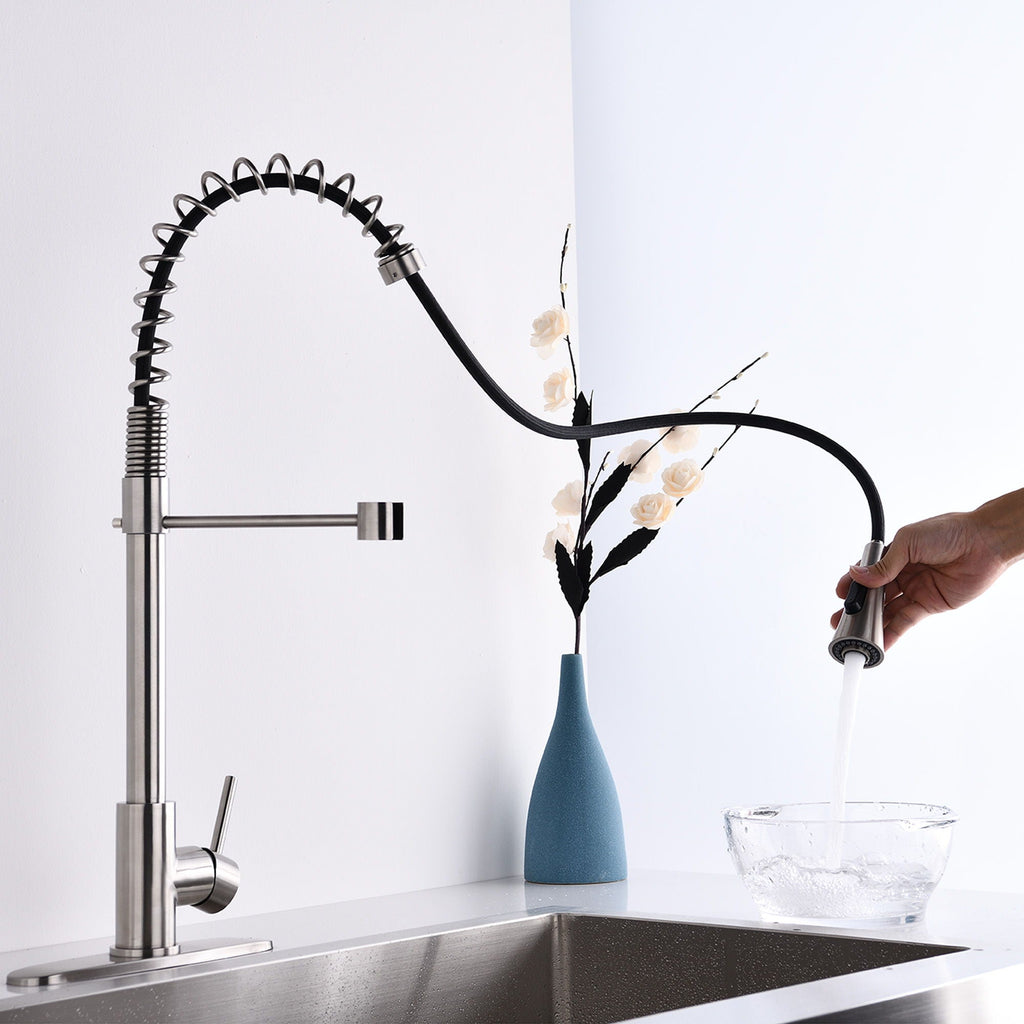 Modern Single Handle Spring High Arc Kitchen Faucet with Water Filter System - Pearl Silver