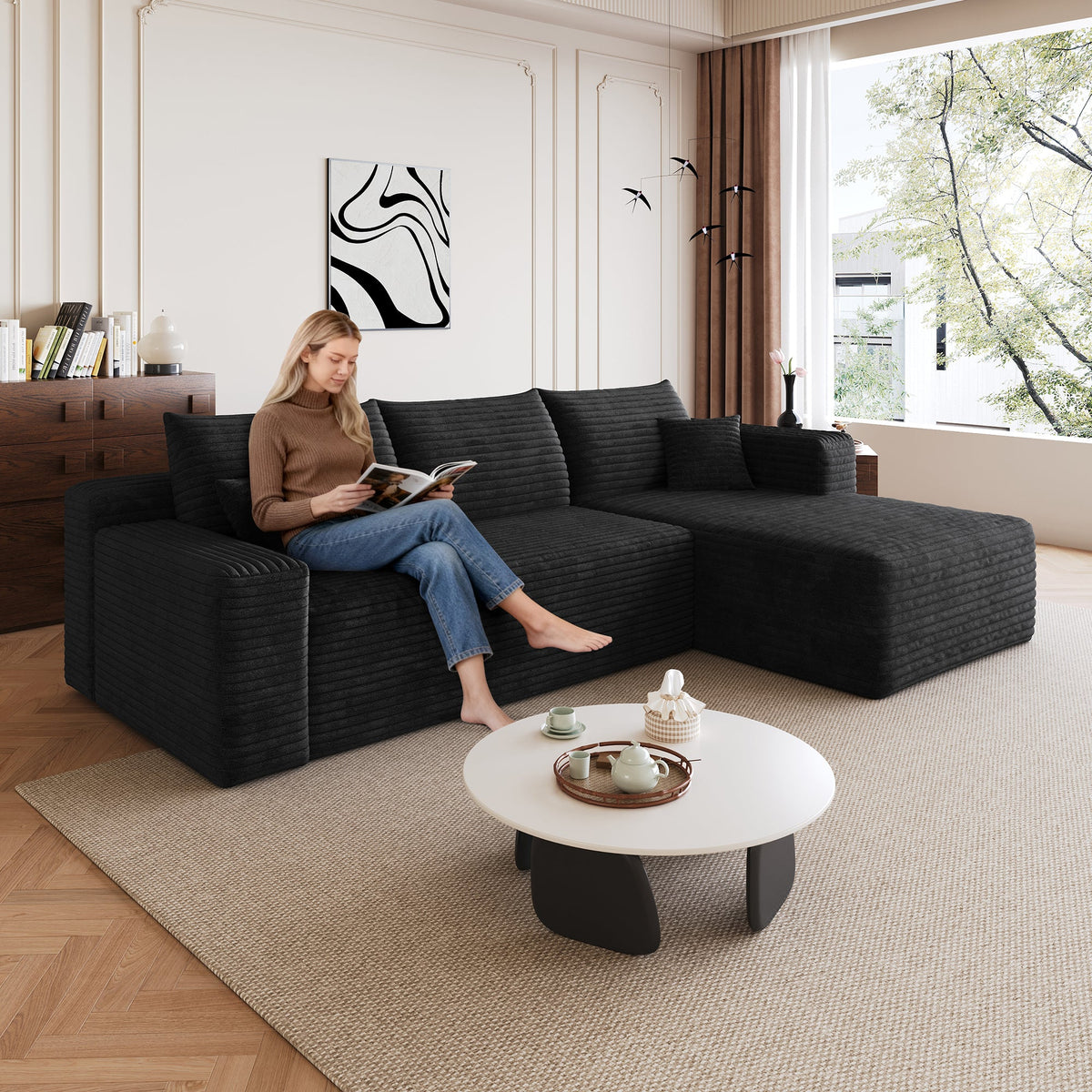 95" Cloud Sectional Sofa with Modern Minimalist Design - Black