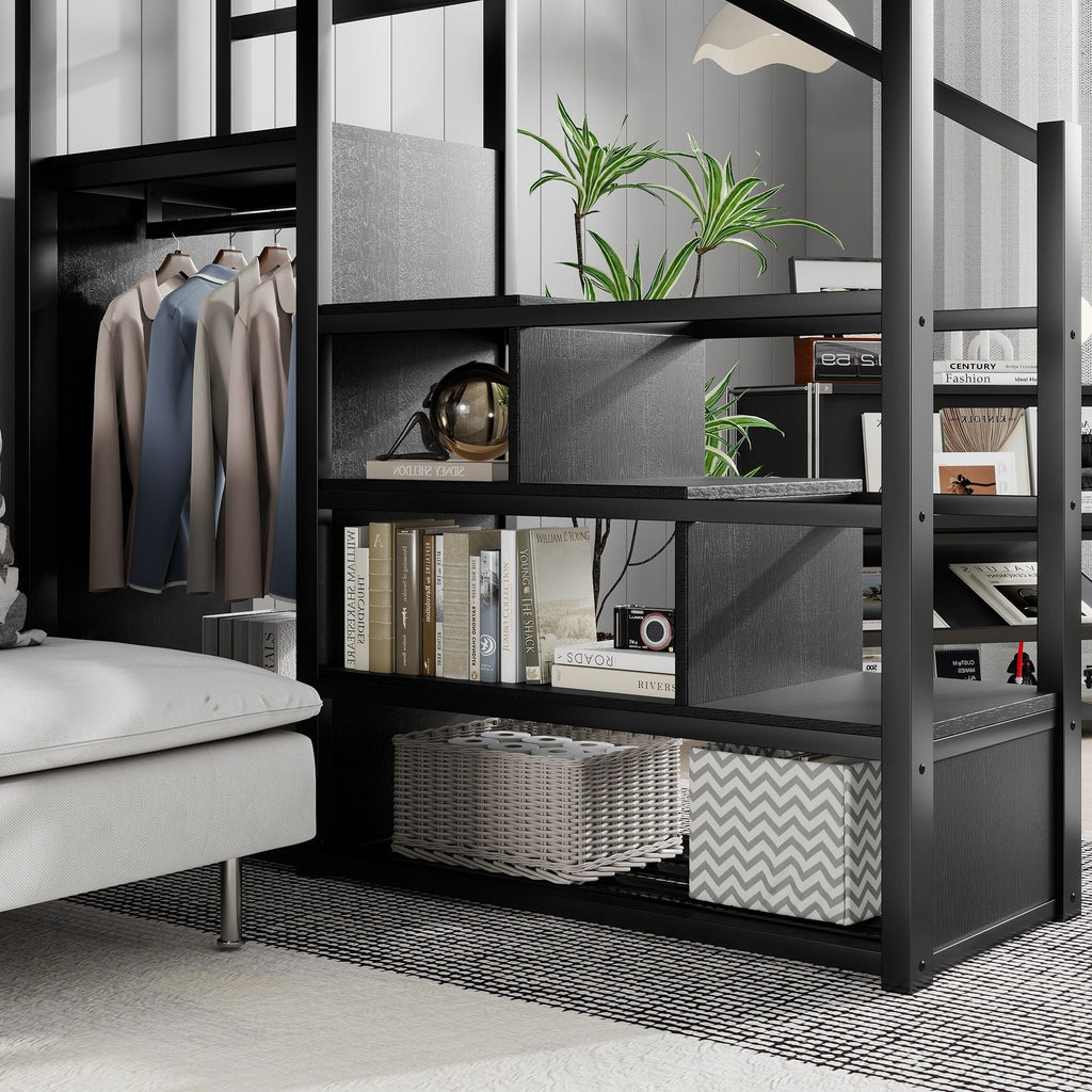 Queen Size Loft Bed with Stairs and Storage Shelves - Black