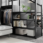 Queen Size Loft Bed with Stairs and Storage Shelves - Black