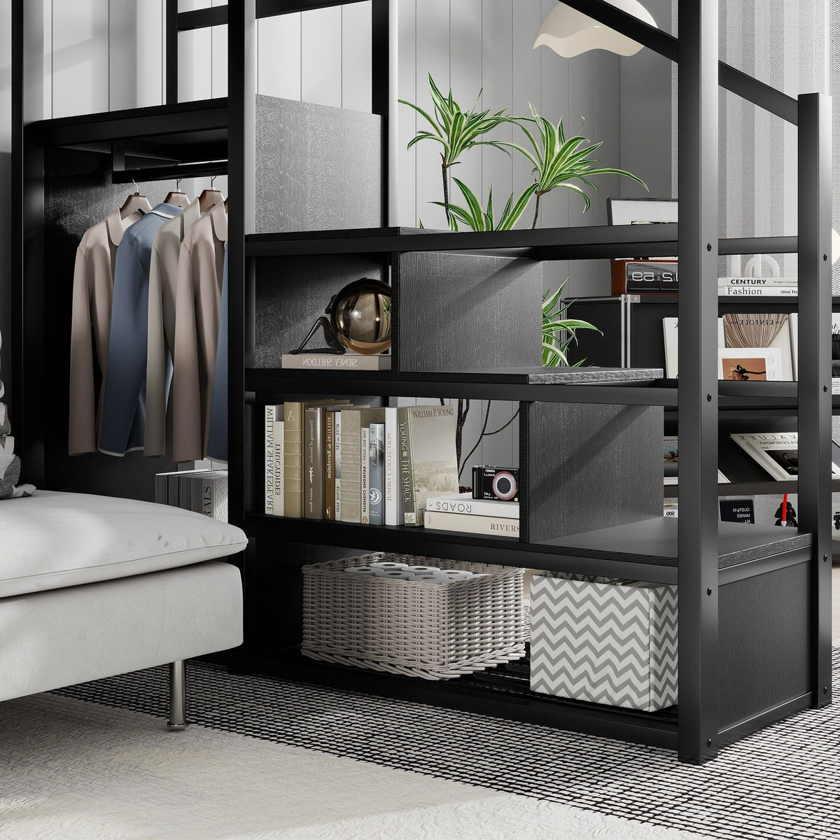 Queen Size Loft Bed with Stairs and Storage Shelves - Black