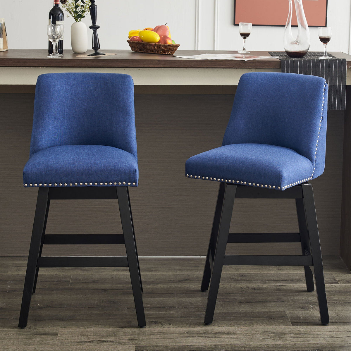 Upholstered Swivel Bar Stool Set with High Back and 360° Rotation - Blue or Dark Gray