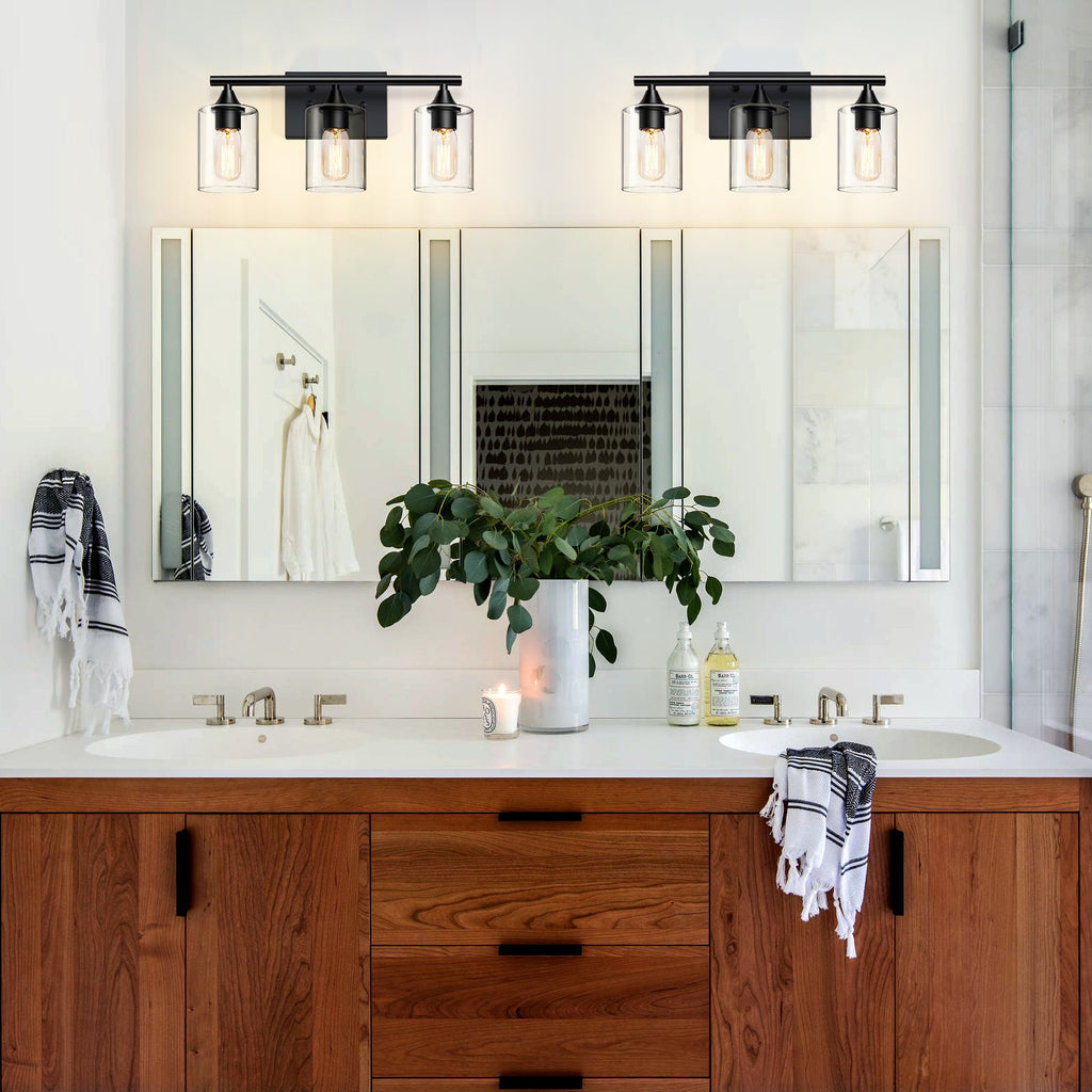 3-Light Matte Bathroom Vanity Wall Light with Clear Glass Shades - Black