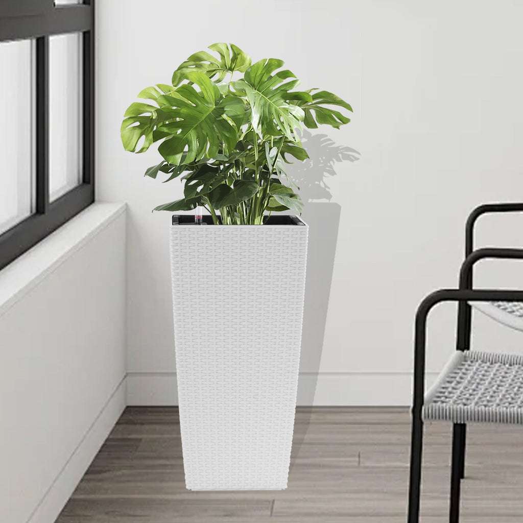 22.6-Inch Modern Faux Rattan Square Planter with Automatic Watering System - White