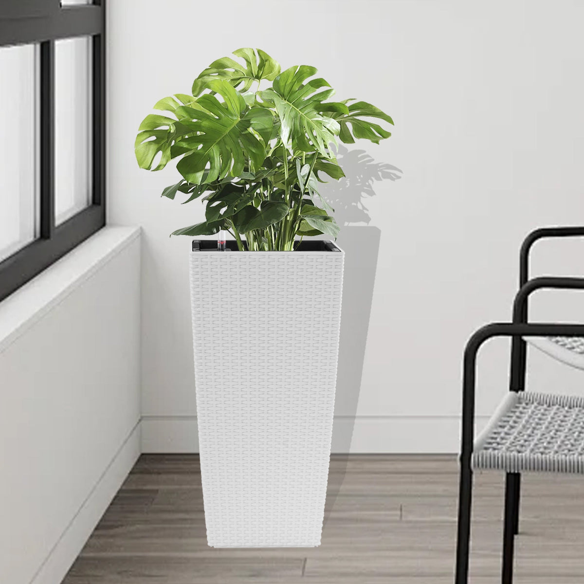 22.6-Inch Modern Faux Rattan Square Planter with Automatic Watering System - White