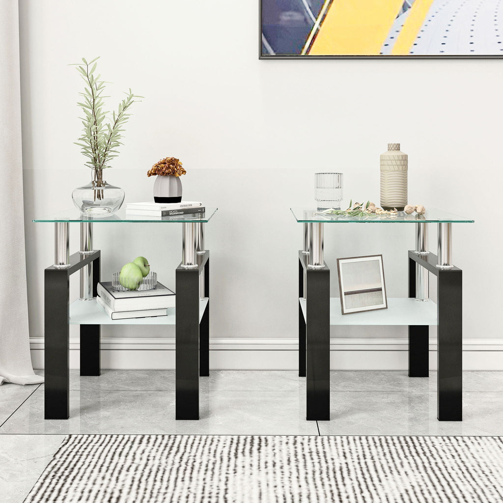 Modern Tempered Glass End Table with Metal Frame - Black or White