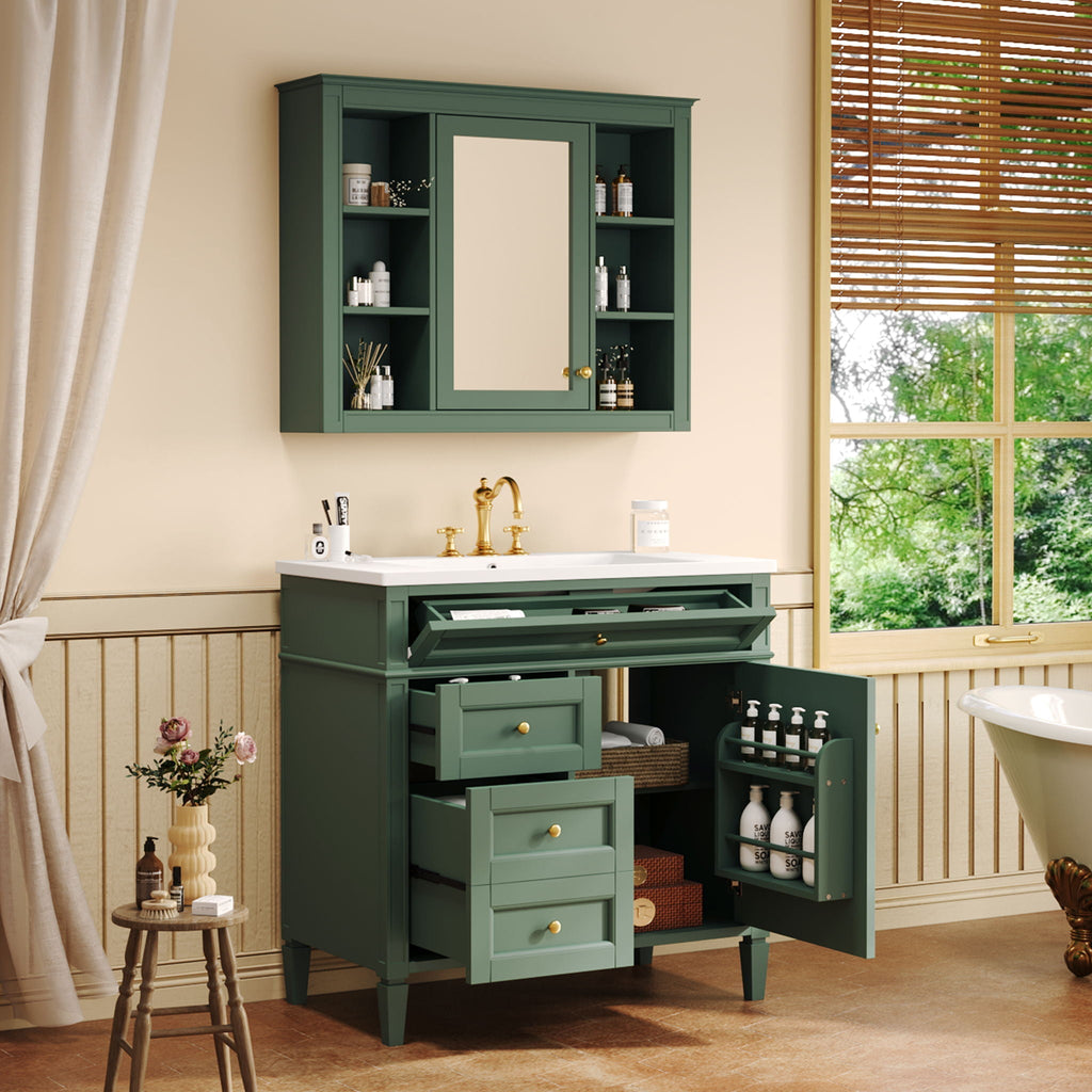 Bathroom Vanity With Mirror Cabinet and Single Sink - Soft-Closing Doors