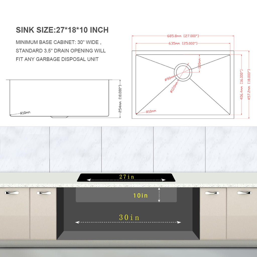 Modern Undermount Stainless Steel Kitchen Sink 16 Gauge, Deep Single Bowl - Gray