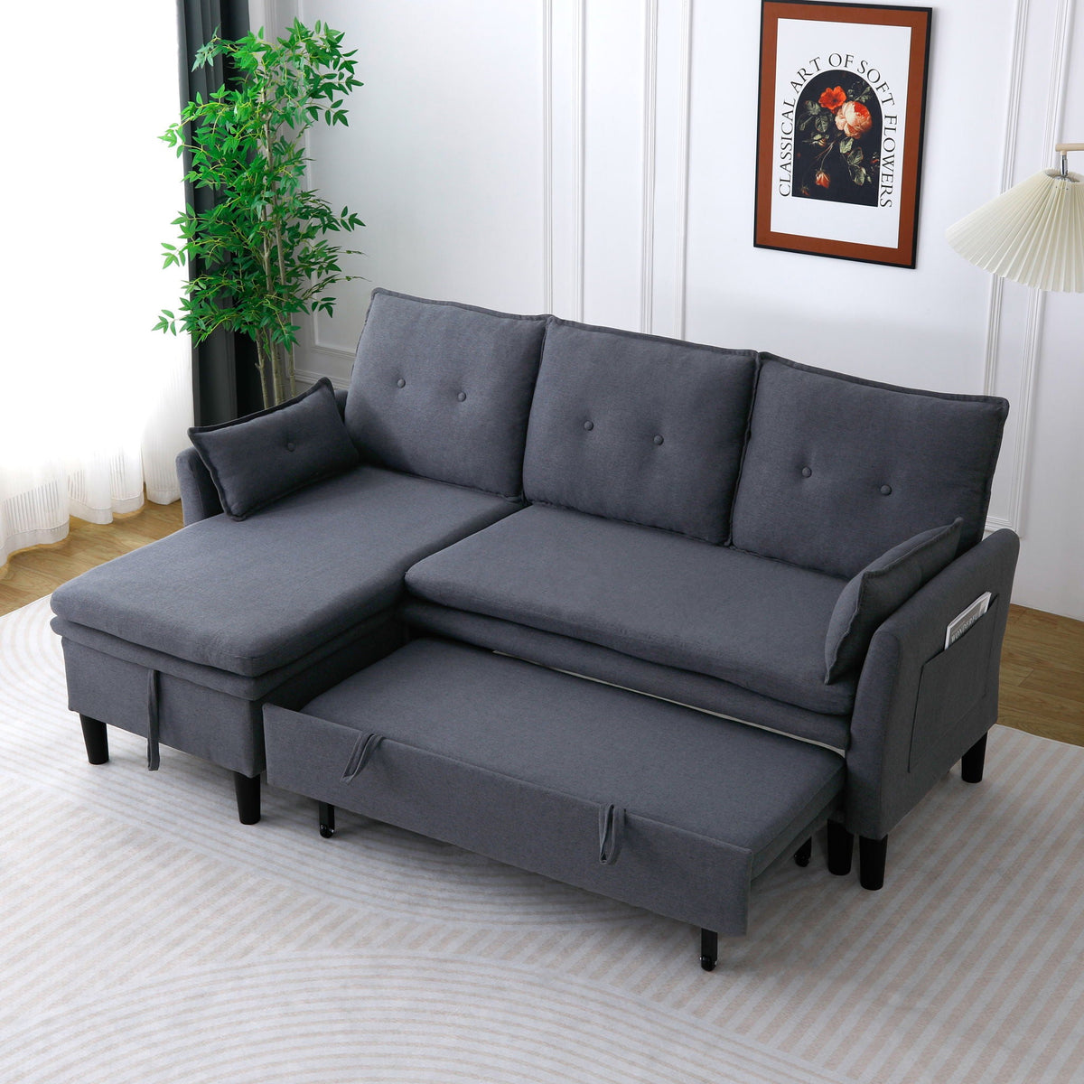 Reversible Chaise Sleeper Sectional Sofa with Storage - Cotton-Linen Upholstery