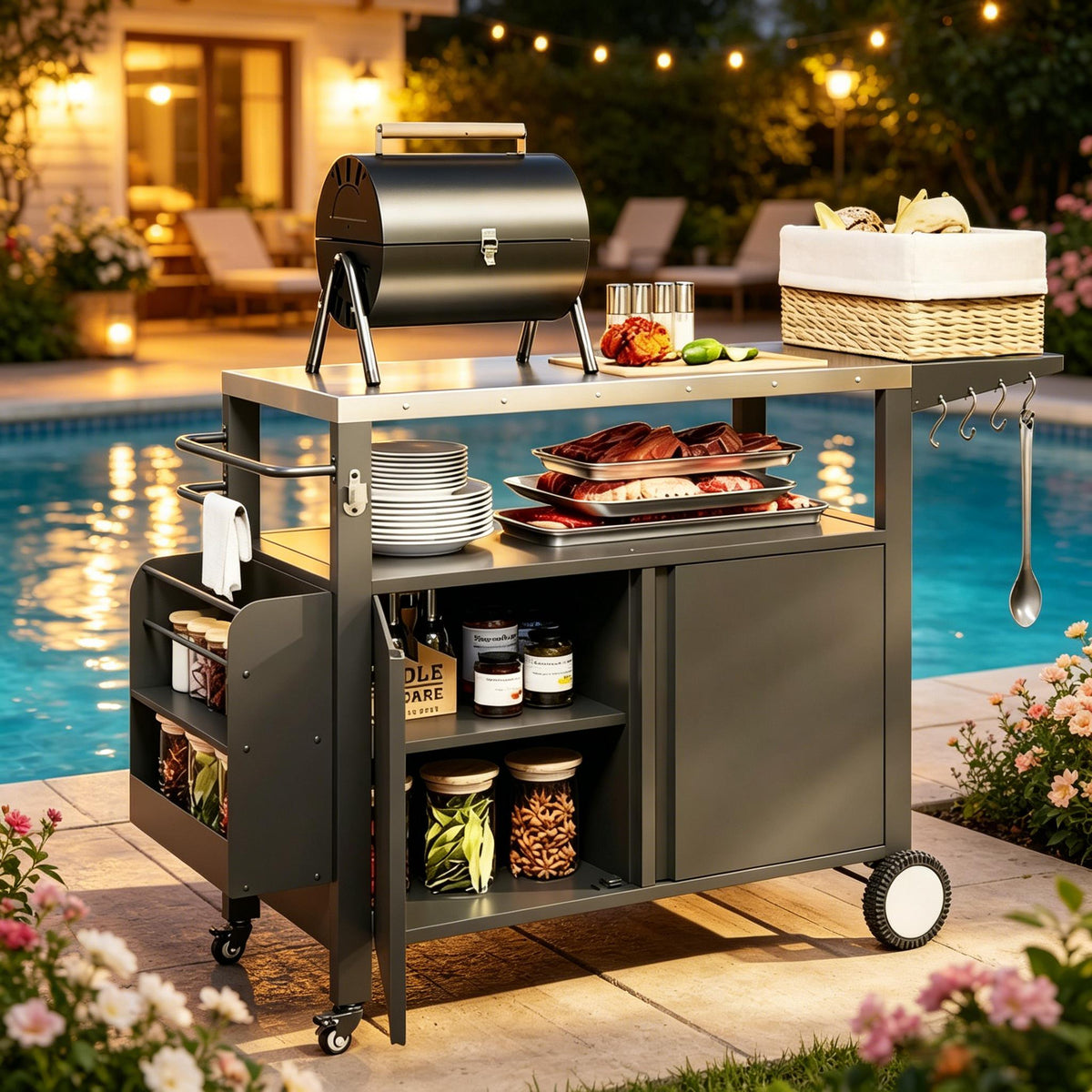 Stainless Steel Movable Kitchen Island with Foldable Side Table - Silver