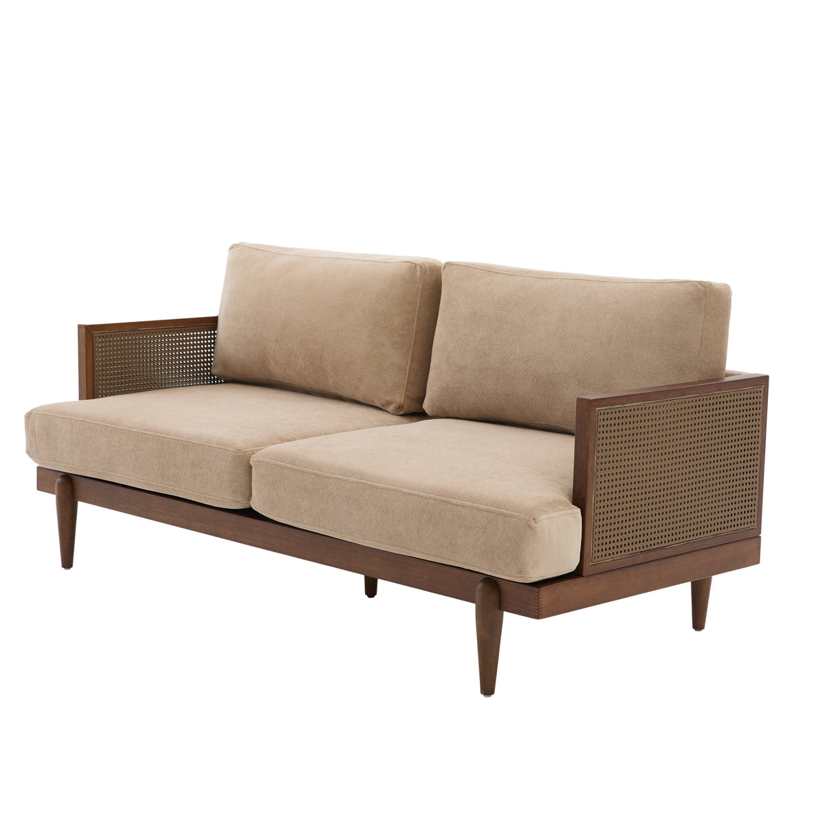 Emir 72" Square Arm 3-Seater Velvet Sofa with Cane Rattan - Camel or Light Green