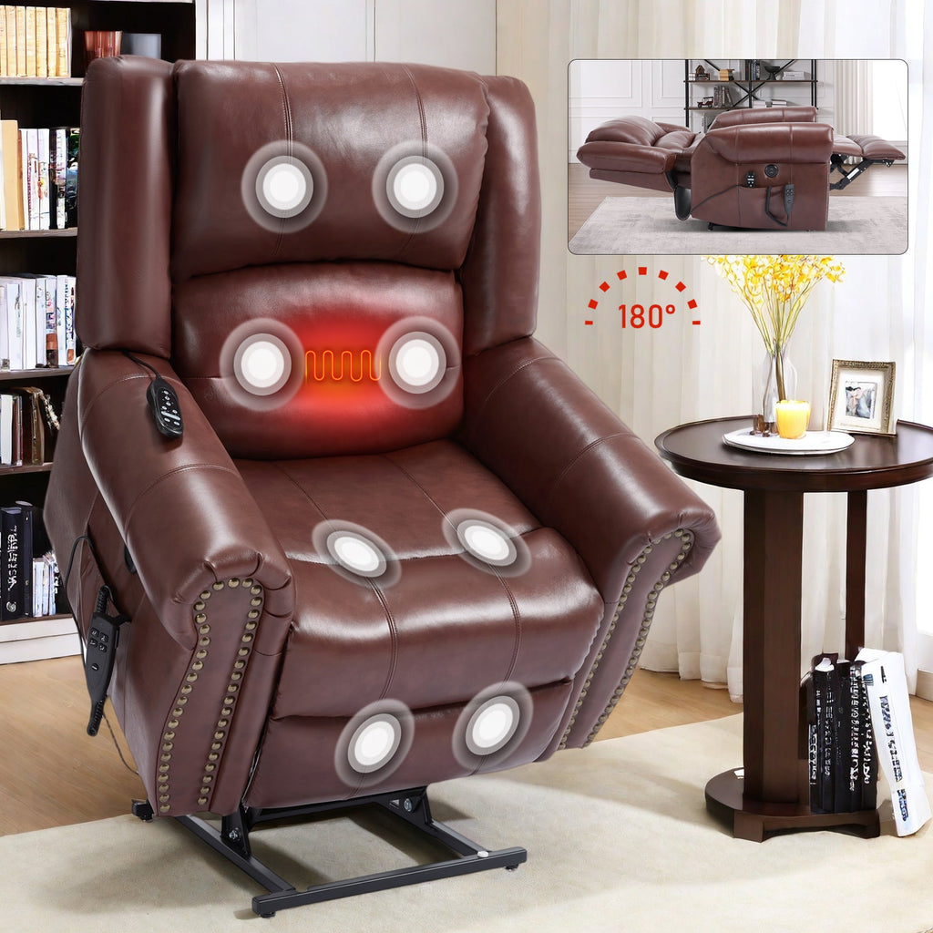 Genuine Leather Power Lift Recliner Chair with Heat and Massage – Brown or Red